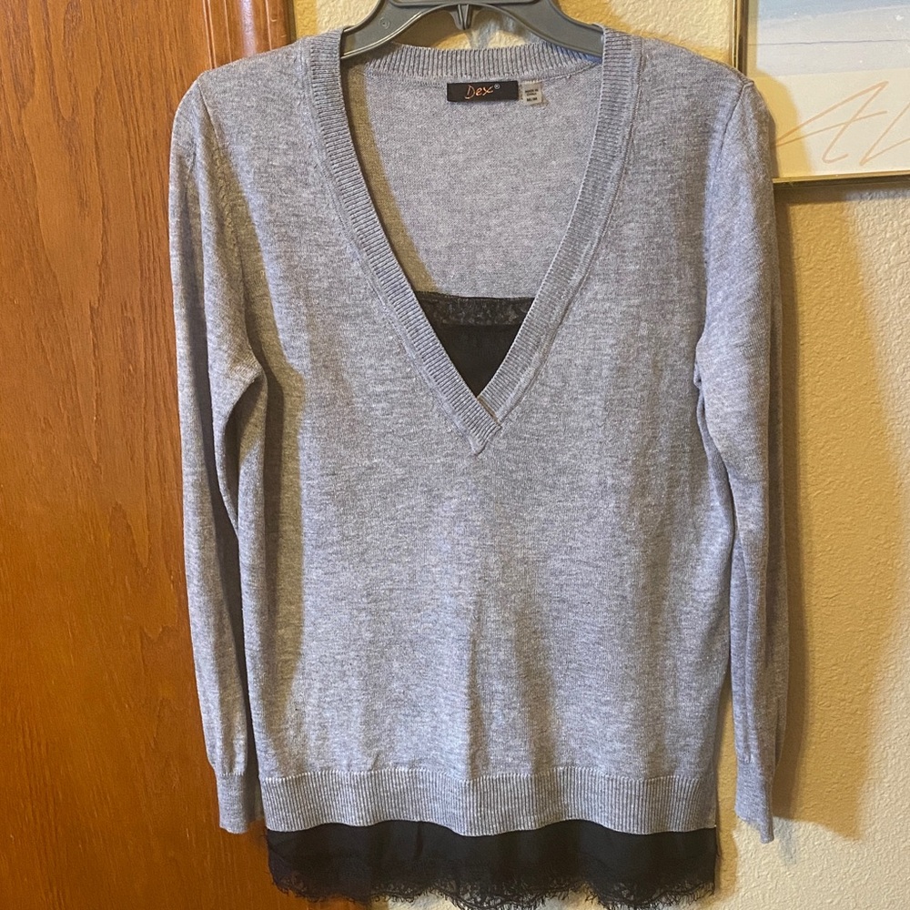 Dex Heather Gray V-Neck Sweater with Black Lace